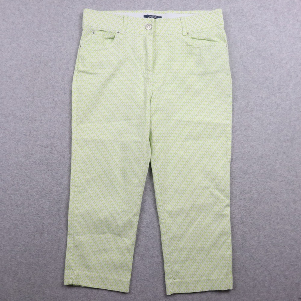 Verve Blues Pants Womens 12 Capri Casual Stretch Flex 5-Pocket Green Patterned